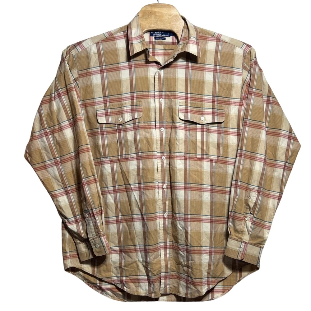 Polo Ralph Lauren Mens XL Plaid Button Down Shirt Tan Western Long Sleeve